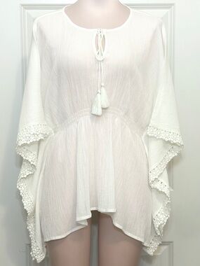 Boho Gauze Lace Trim Poncho Top Swim Cover Up M/L